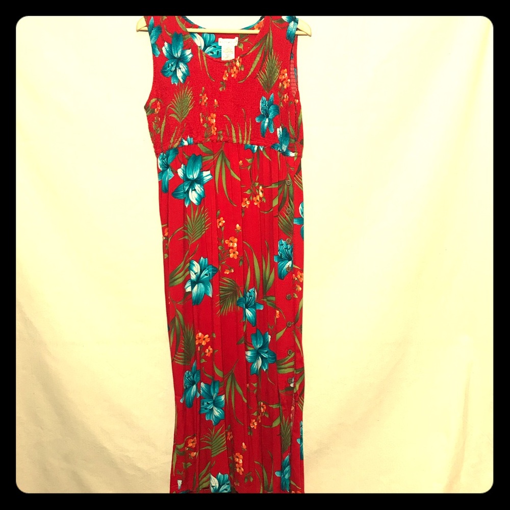 Tropical print smocked top dress button slit